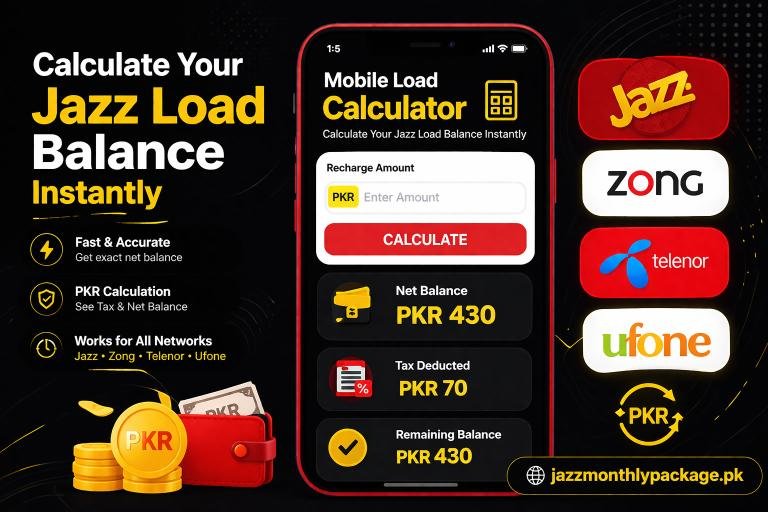 Jazz Load Tax Calculator tool interface showing recharge amount, tax deduction, and net balance for Jazz, Zong, Telenor, and Ufone users in Pakistan