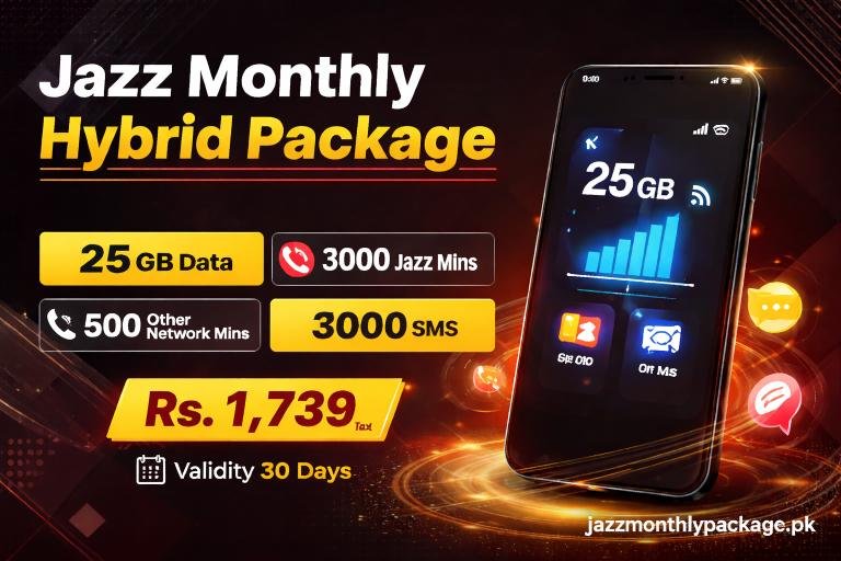 Jazz Monthly Hybrid Package with 25 GB Data, 3000 Jazz Minutes, 500 Other Network Minutes, 3000 SMS, Rs. 1,739 inclusive of tax and 30 days validity