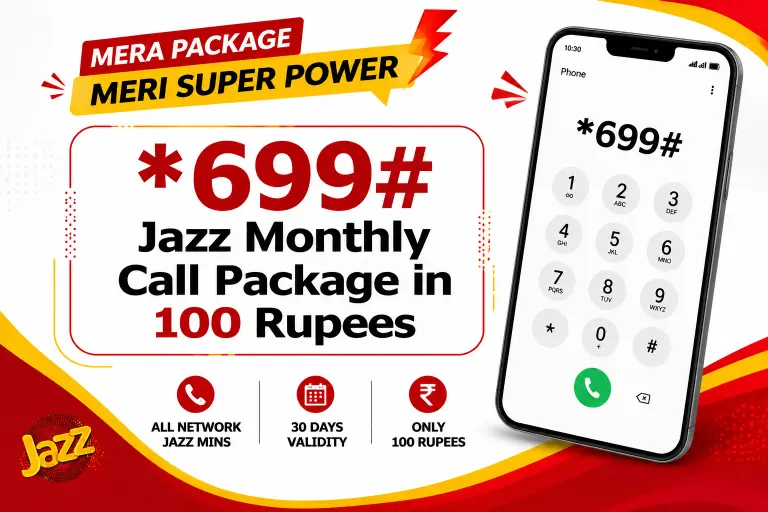 *699# Jazz Monthly Call Package in 100 Rupees promotional banner with vibrant red and yellow accents, a smartphone showing 699# on dial pad,