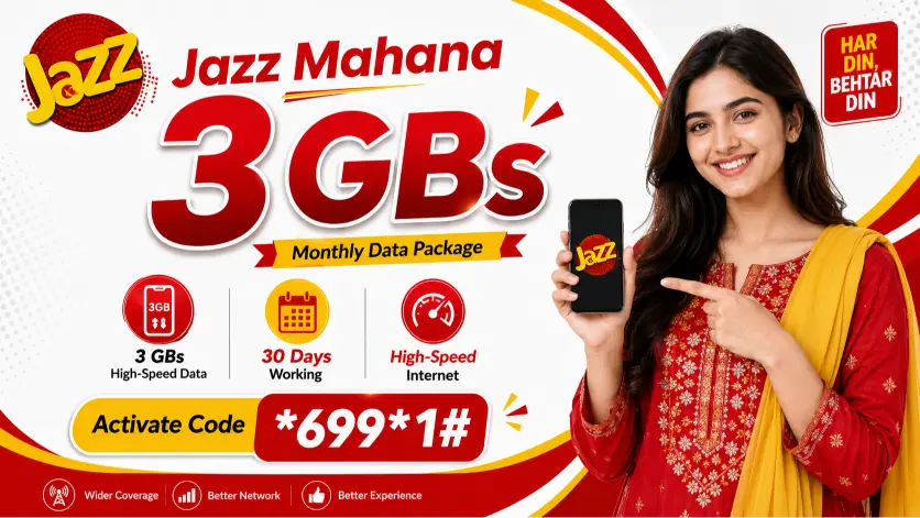 Jazz Mahana 3 GBs monthly data package promotional banner showing a smiling young woman promoting the offer, large text displaying 3 GBs, 30 days validity,