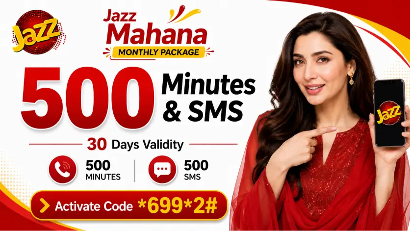 promotional banner for Jazz Mahana 500 Minutes & SMS monthly package.